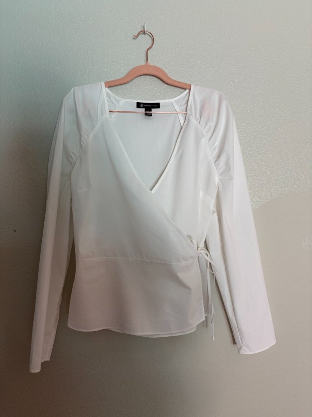 I.N.C. International Concepts | White Cotton Wrap Blouse Side Tie Long Sleeve L - Picture 3 of 9